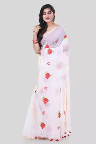 White woven cotton silk rose embroidered handloom-sarees with blouse piece