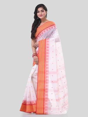 White Woven Cotton Floral Handloom-Sarees Without Blouse Piece 3