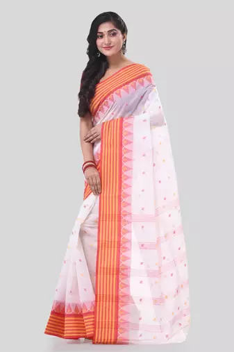 White Woven Cotton Floral Handloom-Sarees Without Blouse Piece