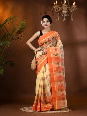 Orange woven cotton printed handloom-sarees with blouse piece 1
