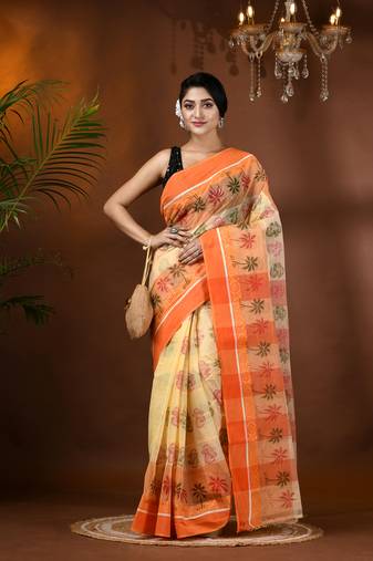 Orange woven cotton printed handloom-sarees with blouse piece