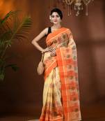 Orange woven cotton printed handloom-sarees with blouse piece