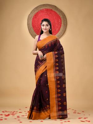 Brown Woven Cotton Leaves Handloom-Sarees Without Blouse Piece 1