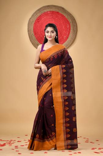 Brown Woven Cotton Leaves Handloom-Sarees Without Blouse Piece