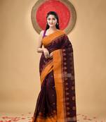 Brown Woven Cotton Leaves Handloom-Sarees Without Blouse Piece