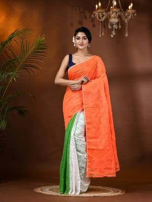 Multicolor woven cotton tricolor handloom-sarees with blouse piece 1
