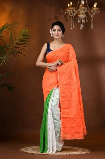 Multicolor woven cotton tricolor handloom-sarees with blouse piece