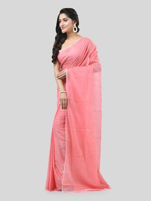 Red Woven Cotton Solid Handloom-Sarees Without Blouse Piece 3
