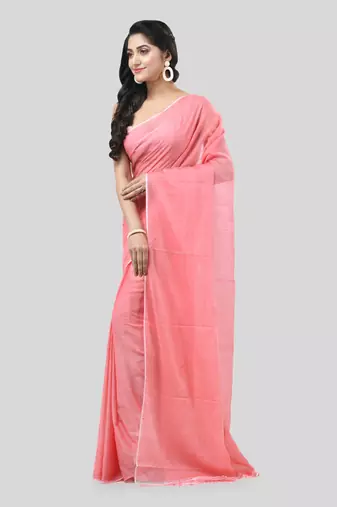 Red Woven Cotton Solid Handloom-Sarees Without Blouse Piece