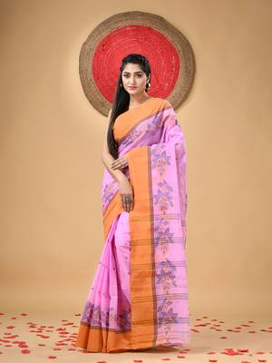 Pink Woven Cotton Paisley Handloom-Sarees Without Blouse Piece 1