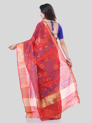 Red Woven Cotton Silk Floral Handloom-Sarees Without Blouse Piece 2