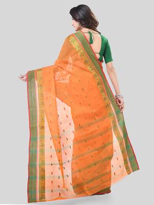Orange Woven Cotton Paisley Handloom-Sarees Without Blouse Piece 2