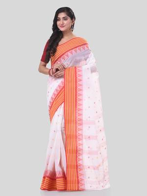 White Woven Cotton Floral Handloom-Sarees Without Blouse Piece 5