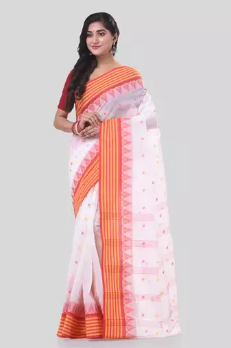 White Woven Cotton Floral Handloom-Sarees Without Blouse Piece