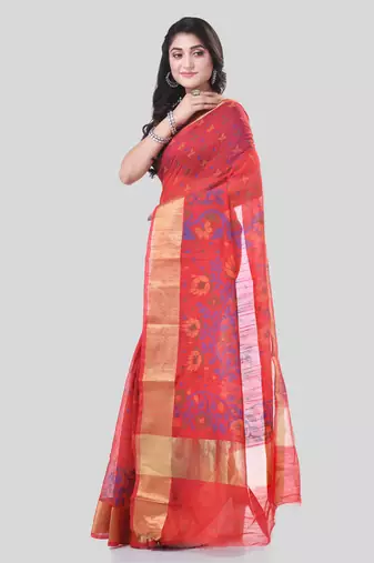 Red Woven Cotton Silk Floral Handloom-Sarees Without Blouse Piece