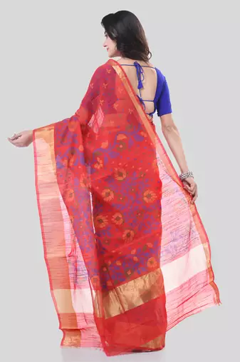 Red Woven Cotton Silk Floral Handloom-Sarees Without Blouse Piece