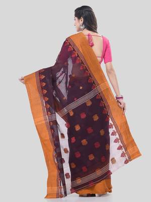 Brown Woven Cotton Leaves Handloom-Sarees Without Blouse Piece 2