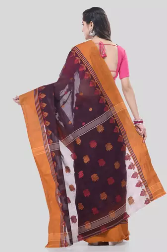 Brown Woven Cotton Leaves Handloom-Sarees Without Blouse Piece