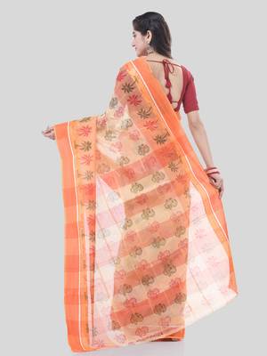 Orange woven cotton printed handloom-sarees with blouse piece 2