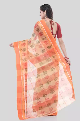 Orange woven cotton printed handloom-sarees with blouse piece