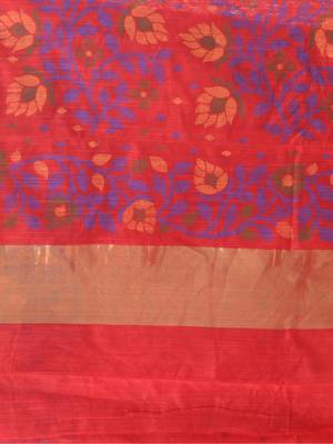 Red Woven Cotton Silk Floral Handloom-Sarees Without Blouse Piece 4