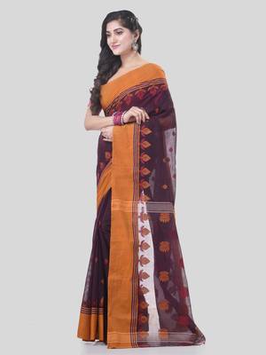 Brown Woven Cotton Leaves Handloom-Sarees Without Blouse Piece 3