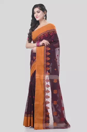 Brown Woven Cotton Leaves Handloom-Sarees Without Blouse Piece