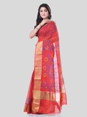 Red Woven Cotton Silk Floral Handloom-Sarees Without Blouse Piece 3