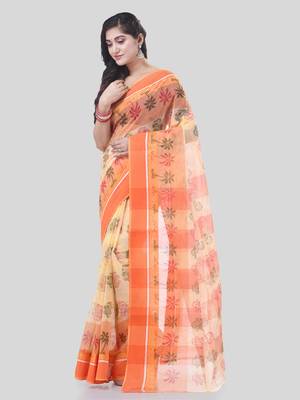 Orange woven cotton printed handloom-sarees with blouse piece 3
