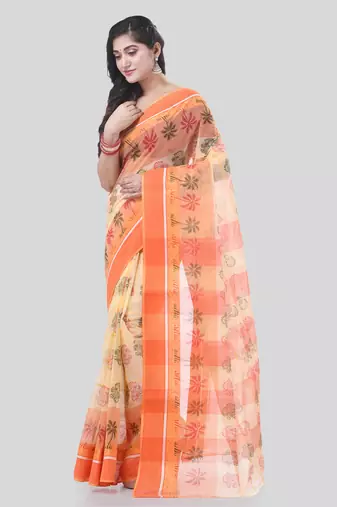 Orange woven cotton printed handloom-sarees with blouse piece