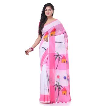 Pink woven cotton tribal printed handloom-sarees with blouse piece 2