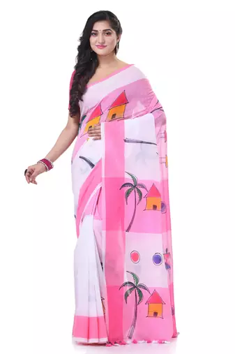 Pink woven cotton tribal printed handloom-sarees with blouse piece