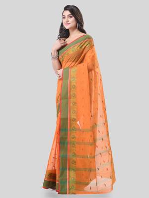 Orange Woven Cotton Paisley Handloom-Sarees Without Blouse Piece 3