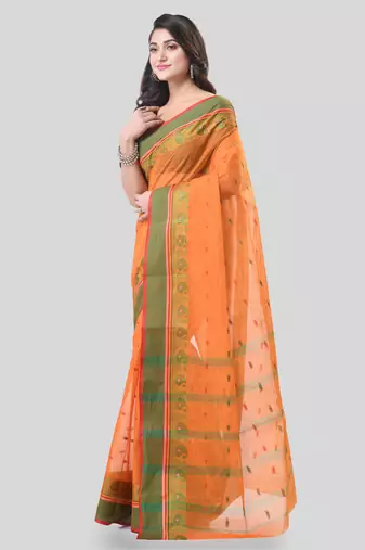 Orange Woven Cotton Paisley Handloom-Sarees Without Blouse Piece