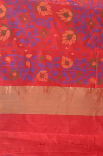 Red Woven Cotton Silk Floral Handloom-Sarees Without Blouse Piece