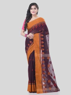 Brown Woven Cotton Leaves Handloom-Sarees Without Blouse Piece 5