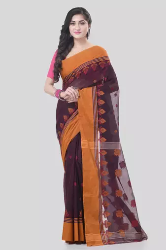 Brown Woven Cotton Leaves Handloom-Sarees Without Blouse Piece