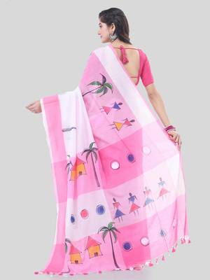 Pink woven cotton tribal printed handloom-sarees with blouse piece 3