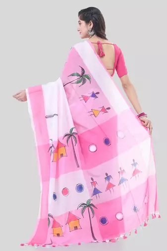 Pink woven cotton tribal printed handloom-sarees with blouse piece