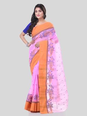 Pink Woven Cotton Paisley Handloom-Sarees Without Blouse Piece 5