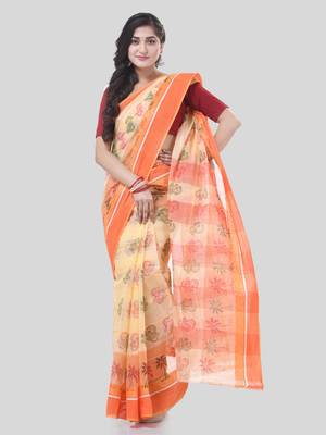 Orange woven cotton printed handloom-sarees with blouse piece 5