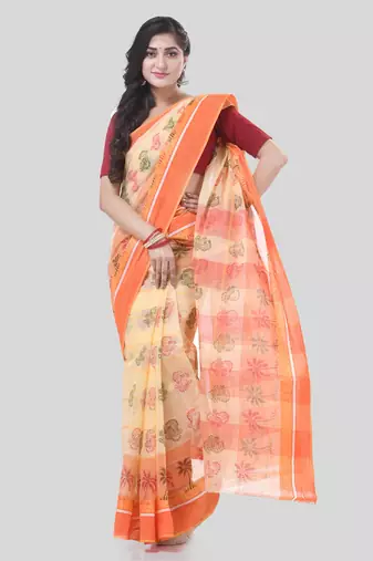 Orange woven cotton printed handloom-sarees with blouse piece