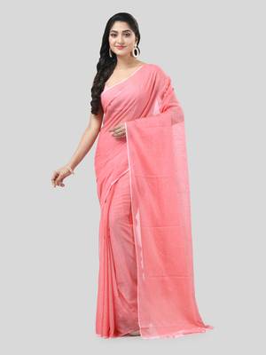 Red Woven Cotton Solid Handloom-Sarees Without Blouse Piece 5