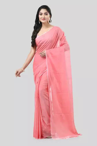 Red Woven Cotton Solid Handloom-Sarees Without Blouse Piece