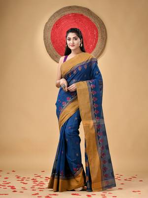 Blue Woven Cotton Leaves Handloom-Sarees Without Blouse Piece 1
