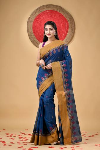Blue Woven Cotton Leaves Handloom-Sarees Without Blouse Piece