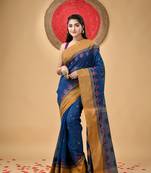 Blue Woven Cotton Leaves Handloom-Sarees Without Blouse Piece