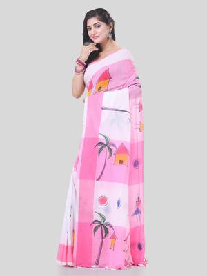Pink woven cotton tribal printed handloom-sarees with blouse piece 1