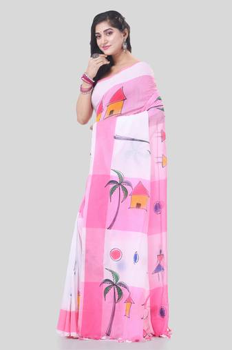 Pink woven cotton tribal printed handloom-sarees with blouse piece