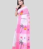 Pink woven cotton tribal printed handloom-sarees with blouse piece